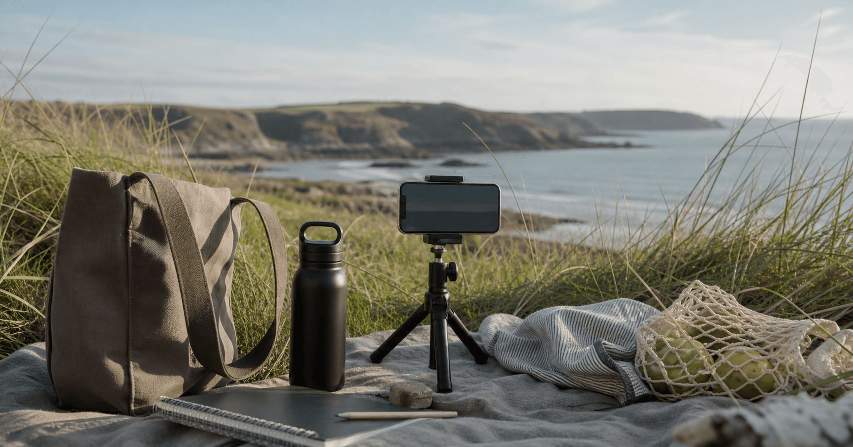 Natural coastal creator setup with phone tripod and lifestyle props